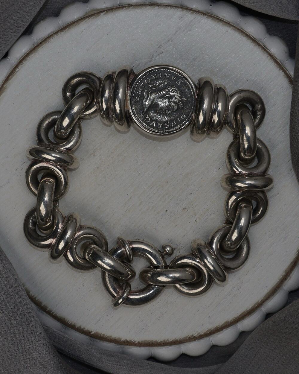 Vintage Sterling Silver Roman Coin Chain Bracelet 41.2G / 7.75in